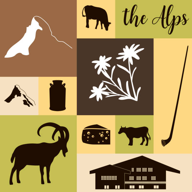 The Alps flat icons. Mountain Matterhorn, Alpine ibex, chalet, edelweiss flowers, alpenhorn, milk, squared The Alps flat icons. hand drawn vector illustration squared big set. Mountain Matterhorn, Alpine ibex, chalet, edelweiss flower, alpenhorn, chalet, goat, cow, chocolate, milk can, cheese mont blanc alpenhorn stock illustrations