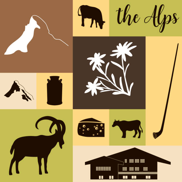 The Alps flat icons. Mountain Matterhorn, Alpine ibex, chalet, edelweiss flowers, alpenhorn, milk, squared The Alps flat icons. hand drawn vector illustration squared big set. Mountain Matterhorn, Alpine ibex, chalet, edelweiss flower, alpenhorn, chalet, goat, cow, chocolate, milk can, cheese mont blanc montblanc logo stock illustrations