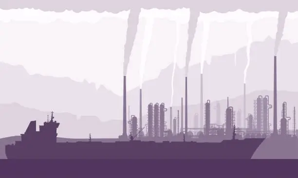 Vector illustration of Oil tanker and refinery with smoking chimneys