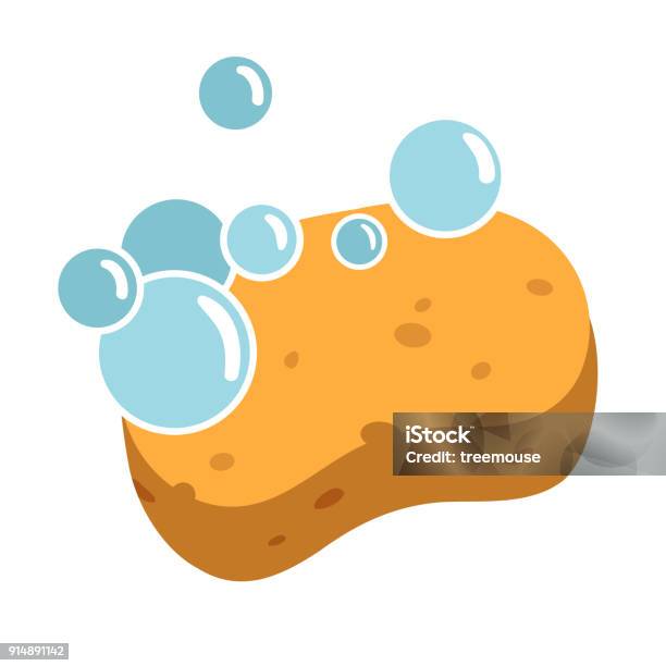 Yellow Sponge With Soapy Bubbles Vector Cartoon Flat Style Illustrations Cleaning Washing Personal Hygiene Simple Icon Concept Design Element Isolated On White Background Stock Illustration - Download Image Now