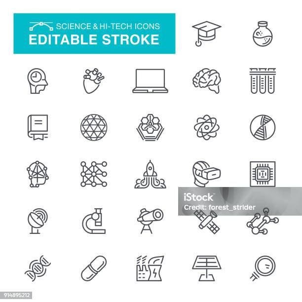 Science And Hitech Icons Editable Stroke Stock Illustration - Download Image Now - Virtual Reality, Expertise, Wisdom