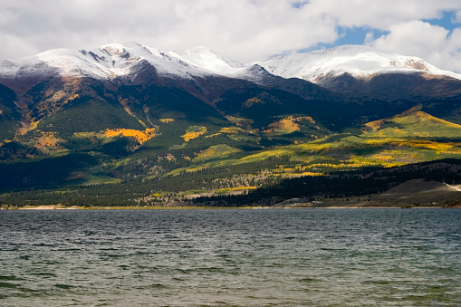 Twin Lakes Colorado with beautiful golden aspen trees in the background.