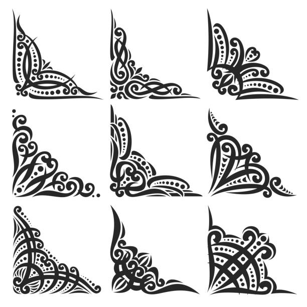 ilustrações, clipart, desenhos animados e ícones de conjunto de vetores de cantos pretos decorativos - flourishes tattoo scroll ornate