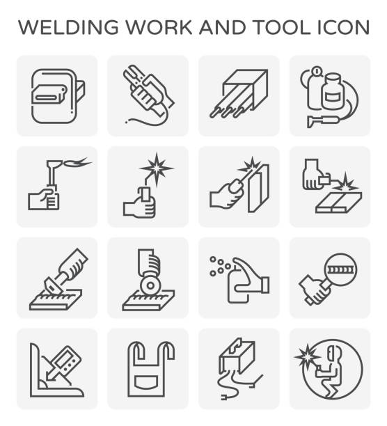 welding work icon Welding work and tool icon set. person oxygen tank stock illustrations