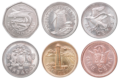 Full set of Barbadian coins isolated on white background