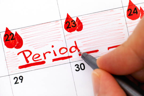 Woman fingers with pen writing reminder Period in calendar. stock photo
