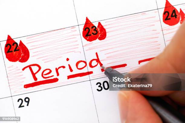 Woman Fingers With Pen Writing Reminder Period In Calendar Stock Photo - Download Image Now