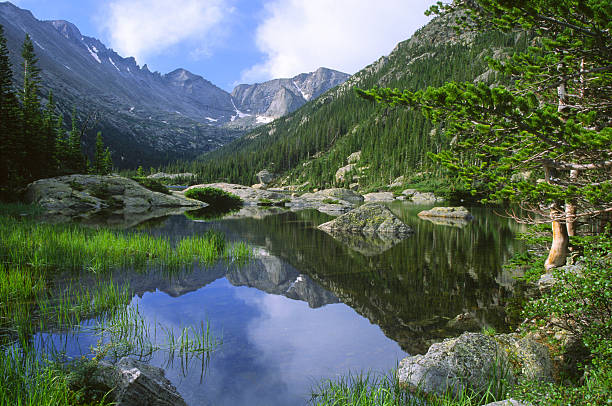 Reflections of Rocky Mountains in an alpine Lake stock photo