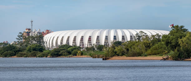 Beira Rio Stadium and Guaiba River - Porto Alegre, Rio Grande do Sul, Brazil Porto Alegre, Brazil - Jan 19, 2018: Beira Rio Stadium and Guaiba River - Porto Alegre, Rio Grande do Sul, Brazil porto grande stock pictures, royalty-free photos & images