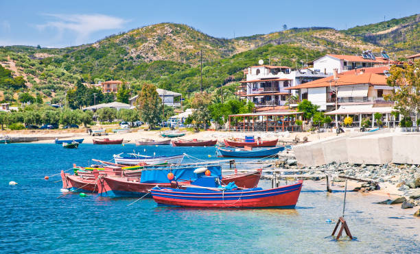 Beautiful Ouranoupolis harbour on Athos peninsula,  Greece. Beautiful Ouranoupolis harbour on Athos peninsula, Chalkidiki, Greece. halkidiki stock pictures, royalty-free photos & images