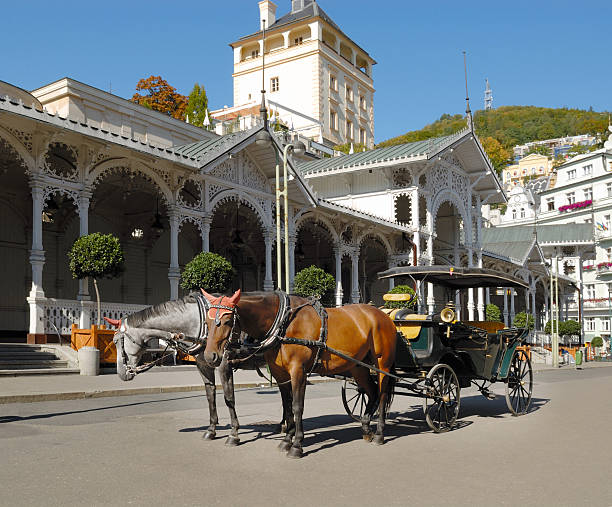 carriage in front of a pump room Karlovy Vary Karlsbad stock photo