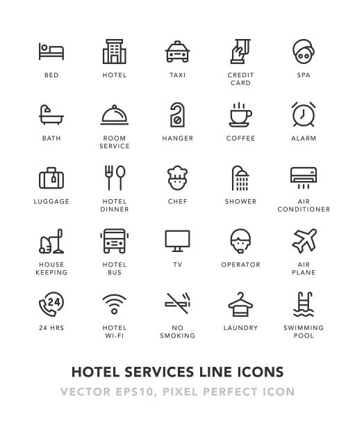 иконки линии обслуживания гостиницы - symbol computer icon bed safety stock illustrations