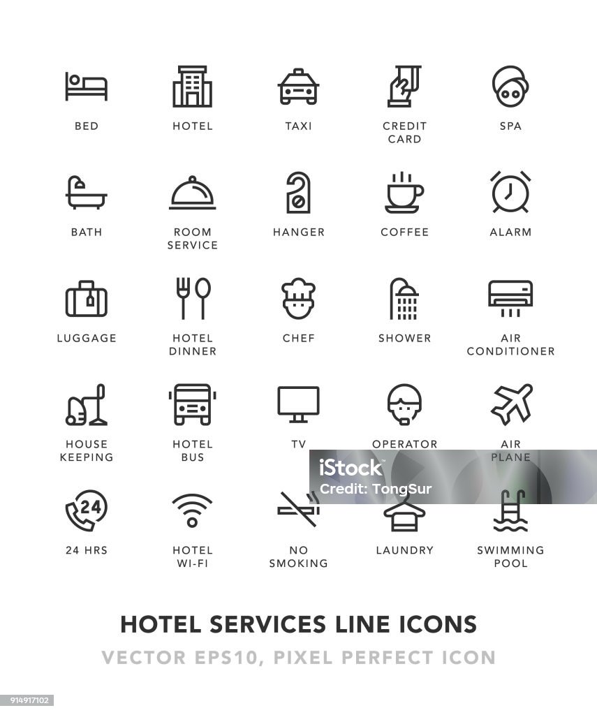 Hotel Services Line Icons Hotel Services Line Icons Vector EPS 10 File, Pixel Perfect Icons. Icon Symbol stock vector