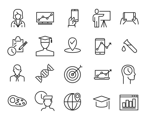 ilustrações de stock, clip art, desenhos animados e ícones de simple collection of online education related line icons. - using mobile