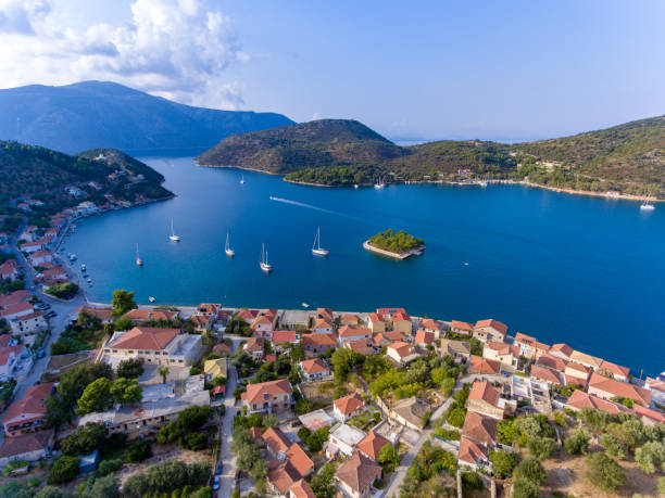istock Vathy Ithaka port entrance aerial view 914926444