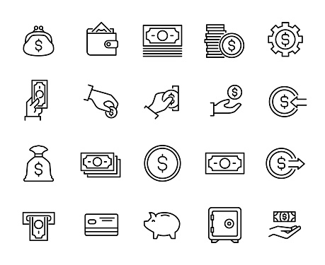 Simple collection of cash related line icons. Thin line vector set of signs for infographic, logo, app development and website design. Premium symbols isolated on a white background.