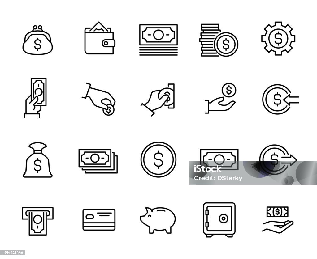 Simple collection of cash related line icons. Simple collection of cash related line icons. Thin line vector set of signs for infographic, logo, app development and website design. Premium symbols isolated on a white background. Icon Symbol stock vector