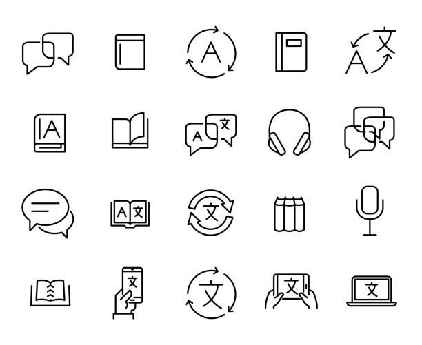 Simple collection of translate related line icons. Simple collection of translate related line icons. Thin line vector set of signs for infographic, logo, app development and website design. Premium symbols isolated on a white background. non western script stock illustrations
