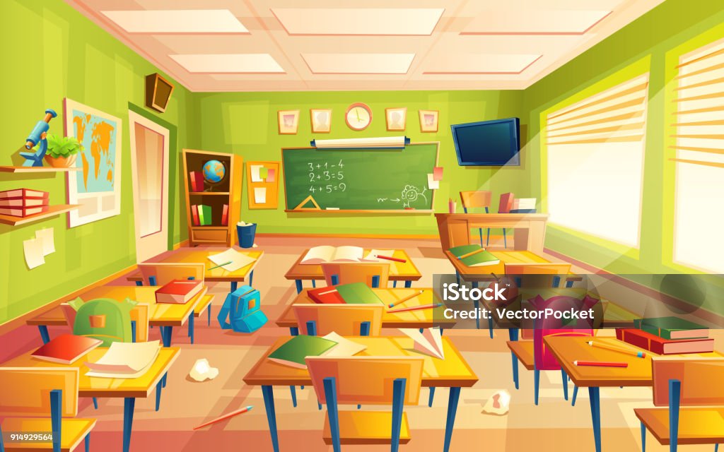 Vector school classroom interior, math salle de formation. Approche pédagogique, tableau noir, mobilier de table Collège - clipart vectoriel de Salle de classe libre de droits