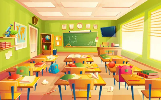 Vector illustration of Vector school classroom interior, math training room. Educational concept, blackboard, table college furniture