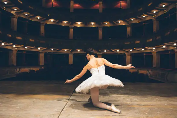 Ballerina with white tutù in a theater