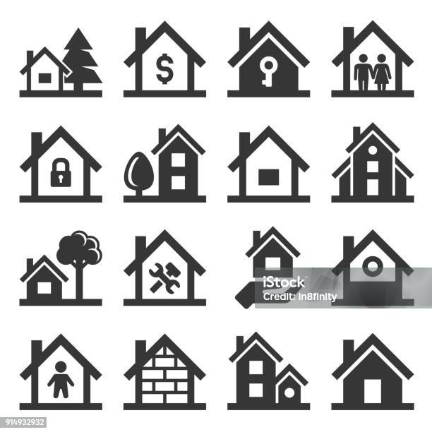 House Icons Set On White Background Vector Stock Illustration - Download Image Now - House, Tree, Outdoors