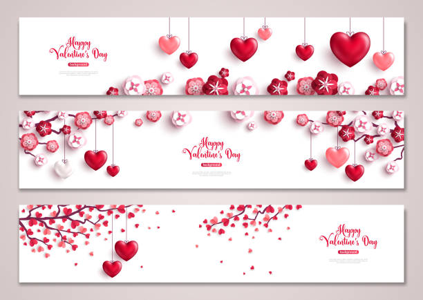 ilustrações de stock, clip art, desenhos animados e ícones de valentines horizontal banners, tree with hearts - february valentines day heart shape love