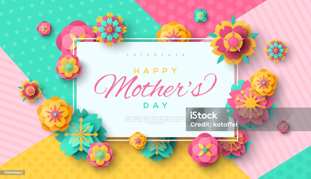 Mother's Day card with square frame Mother's Day greeting card with square frame and paper cut flowers on colorful modern geometric background. Vector illustration. Place for your text. Mother's Day stock vector