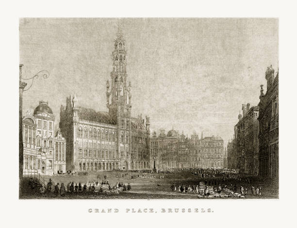 Beautifully Illustrated Antique Engraved Victorian Illustration of Grand Place, The Grand Place, in Brussels, Belgium, Circa 1887. Source: Original edition from my own archives. Copyright has expired on this artwork. Digitally restored.