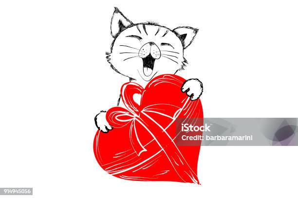 Cute Cat With Red Heart For Gift Hand Drawn In Black And White For Happy Valentine Greeting Vector Illustration Isolated On White Background Stock Illustration - Download Image Now