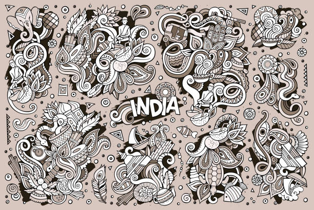 Vector doodle cartoon set of Indian designs Sketchy vector hand drawn doodle cartoon set of Indian objects and symbols designs ganesha outline drawing stock illustrations