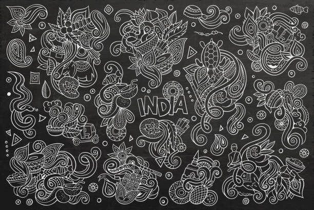 wektor doodle kreskówka zestaw indyjskich wzorów - ganesha indian culture india vector stock illustrations