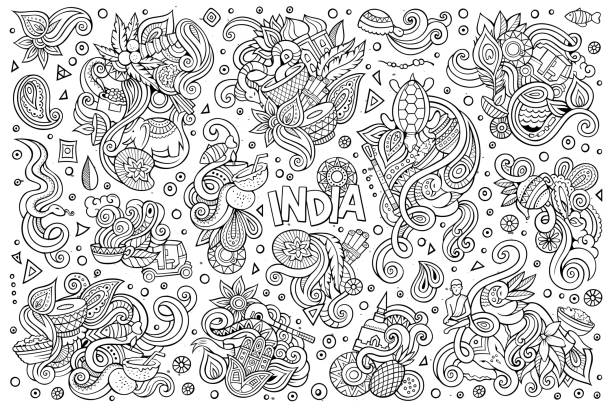Vector doodle cartoon set of Indian designs Sketchy vector hand drawn doodle cartoon set of Indian objects and symbols designs ganesha outline drawing stock illustrations