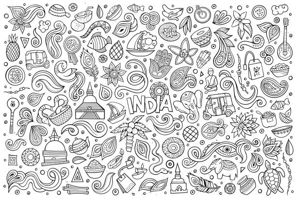 Vector doodle cartoon set of Indian objects and symbols Sketchy vector hand drawn doodle cartoon set of Indian objects and symbols peacock feather drawing stock illustrations