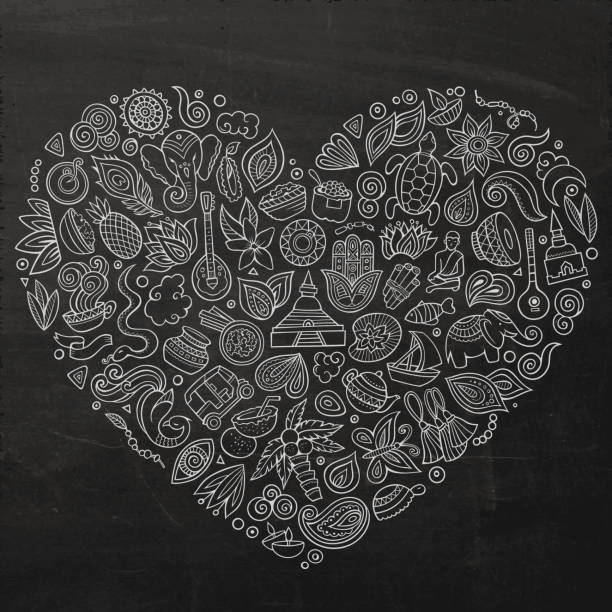 Vector set of Indian cartoon doodle objects Chalkboard India vector hand drawn set of Indian cartoon doodle objects, symbols and items. Heart form composition ganesha outline drawing stock illustrations