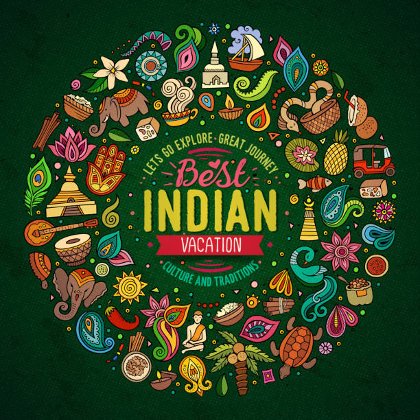 wektor zestaw indyjskich obiektów doodle kreskówki - ganesha indian culture india vector stock illustrations