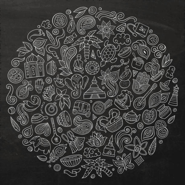 Vector set of Indian cartoon doodle objects Chalkboardvector hand drawn set of Indian cartoon doodle objects, symbols and items. Round composition ganesha outline drawing stock illustrations