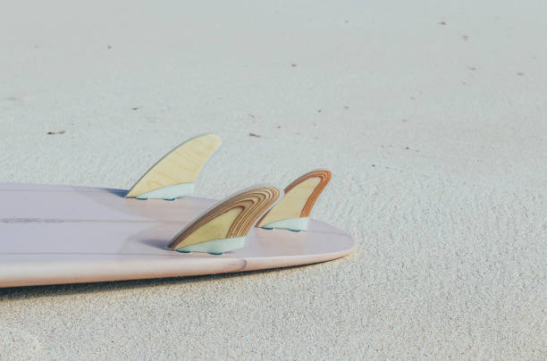 istock Surfboard with wooden fins on the sandy beach 914953422