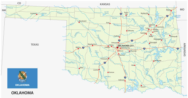 oklahoma-fahrplan mit flagge - tulsa stock-grafiken, -clipart, -cartoons und -symbole