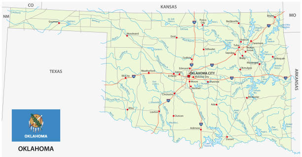 ilustraciones, imágenes clip art, dibujos animados e iconos de stock de mapa de carretera de oklahoma con bandera - oklahoma tulsa map cartography