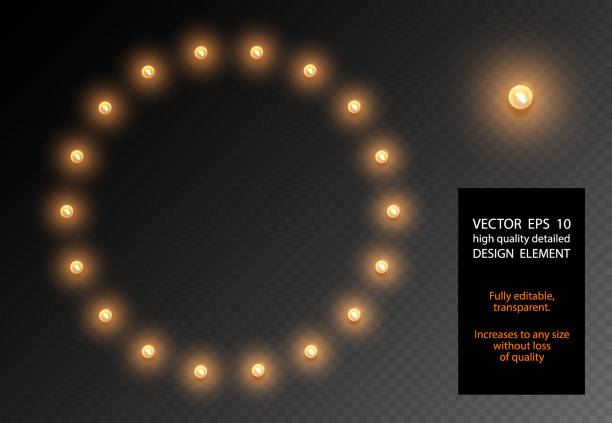 ilustrações de stock, clip art, desenhos animados e ícones de vector realistic light bulb translucent isolated design element. glow lamps circle shape frame on transparent background. illuminated round banner. glowing lights billboard for advertising - circle glamour shiny glowing