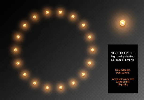 Vector illustration of Vector realistic light bulb translucent isolated design element. Glow lamps circle shape frame on transparent background. Illuminated round banner. Glowing lights billboard for advertising