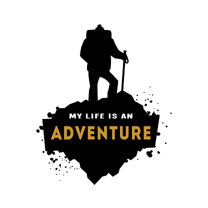 Silhouette of a hiker with an inscription.