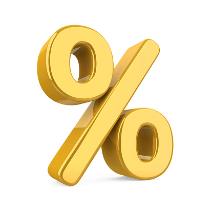 Golden Percent Symbol isolated on white background. 3D render