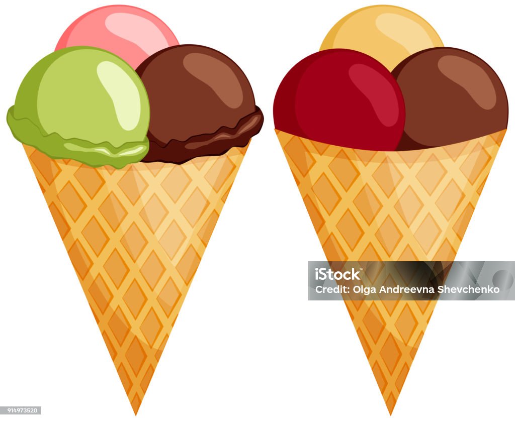 Colorful 3 Ball Cone Ice Cream Set Stock Illustration - Download Image Now  - Banner - Sign, Brown, Cherry - iStock