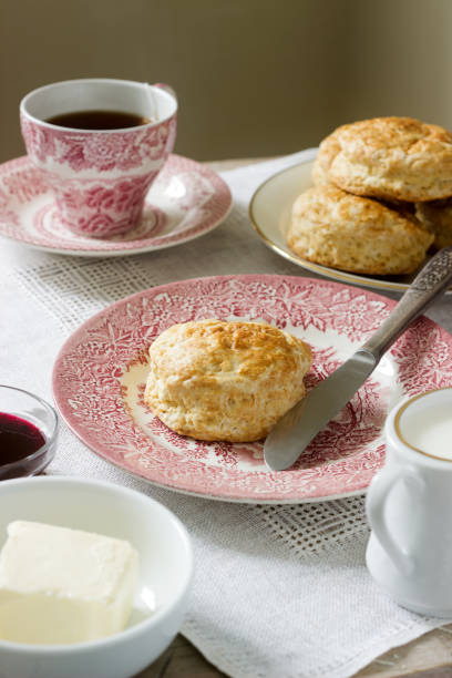 Homemade bread scones with hot tea, traditional British pastries. Selective focus.