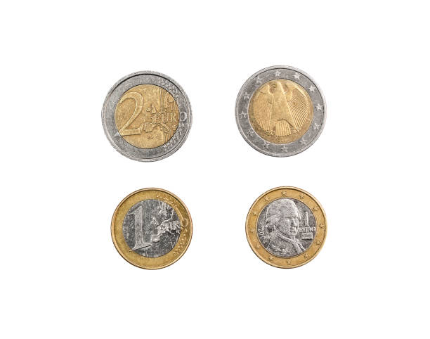 istock Front and back side of one and two euro coins isolated on white. 914977336