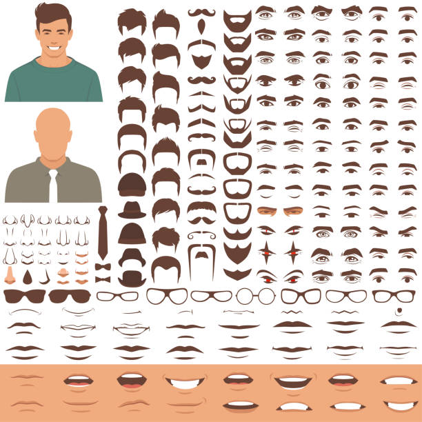 mann teile gesicht, kopf, augen, mund, lippen, haare und augenbrauen symbol zeichensatz - gesichtsausdruck stock-grafiken, -clipart, -cartoons und -symbole