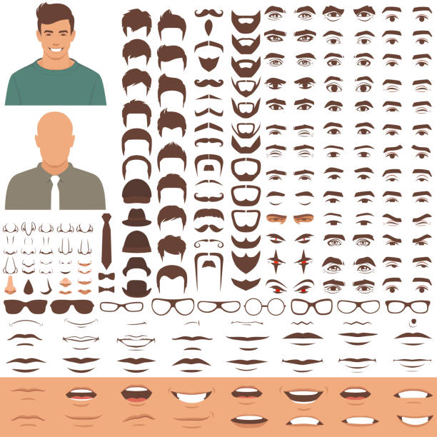 남자 얼굴 부분, 머리, 눈, 입, 입술, 머리카락, 눈 썹 아이콘 세트 문자 - 털 일러스트 stock illustrations