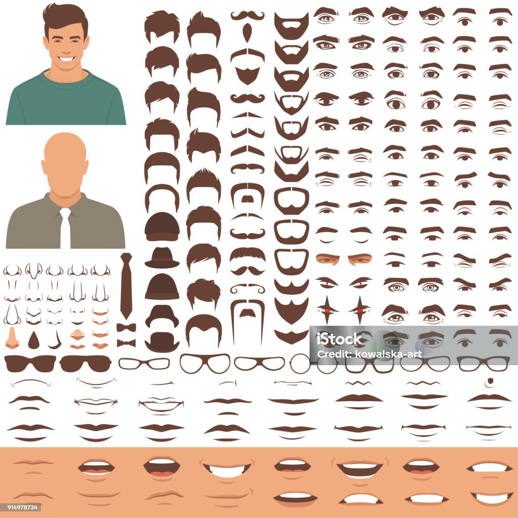 man face parts, character head, eyes, mouth, lips, hair and eyebrow icon set vector illustration of man face parts, character head, eyes, mouth, lips, hair and eyebrow icon set Men stock vector